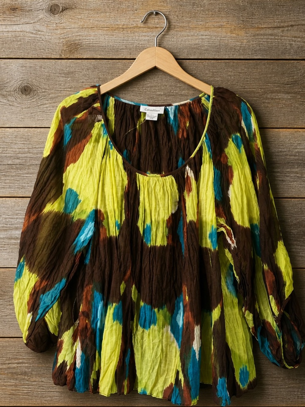 Calvin Klein Lime Green Multicolor lightweight Patterned Blouse. Size 14 - Picture 2 of 4